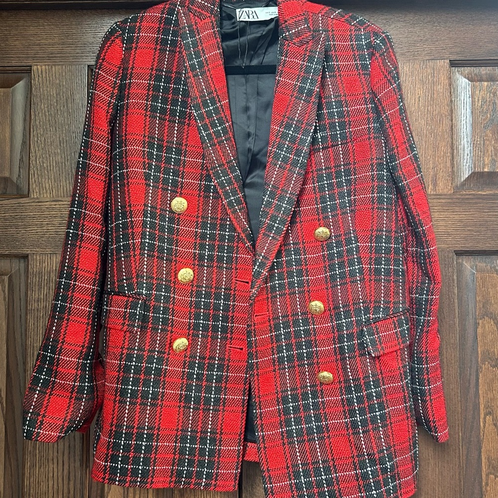 Zara Red and Black Sport Coat Classic Tartan Blazer